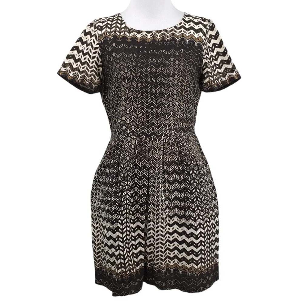 Madewell Dress Womens 2 Black Cream Chevron Songbird Short Sleeve Tribal Casual